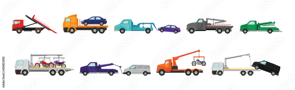 Fototapeta premium Tow Truck or Wrecker as Lorry Moving Disabled or Improperly Parked Motor Vehicle Vector Set