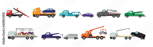 Tow Truck or Wrecker as Lorry Moving Disabled or Improperly Parked Motor Vehicle Vector Set