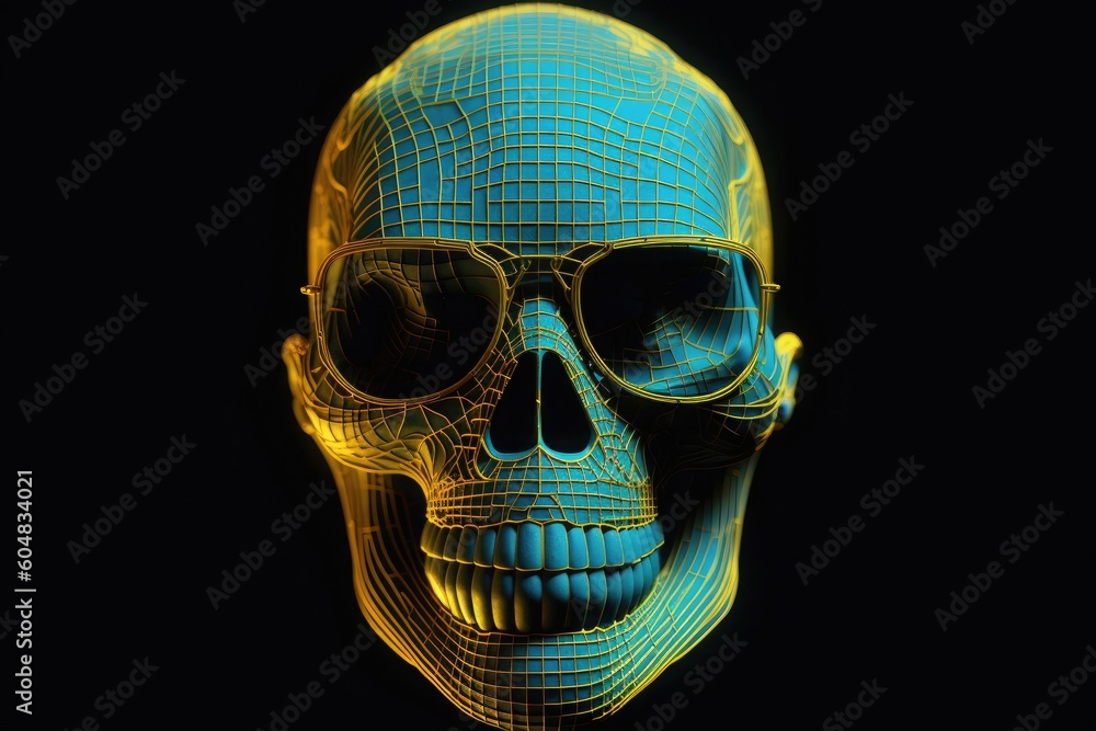 Human skull with glasses, black background. Generative AI
