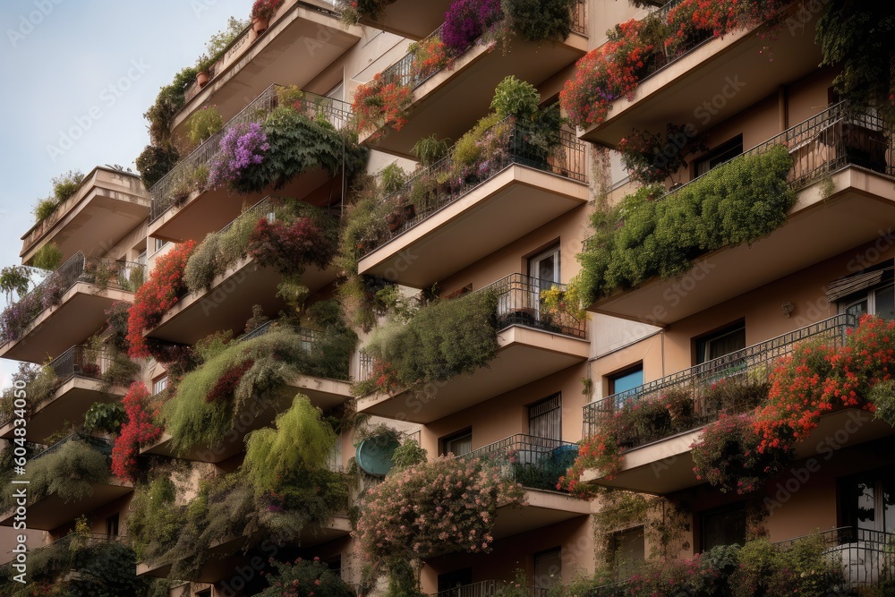 Residential building with flower balconies. Generative AI