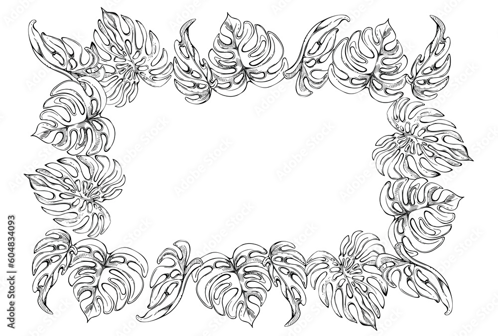 Hand drawn vector ink exotic monstera leaves and hibiscus flowers. Circle wreath frame. Isolated on white background. Design wall art, wedding, print, fabric, cover, card, tourism, travel booklet