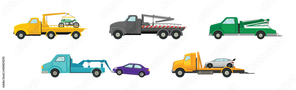 Tow Truck or Wrecker as Lorry Moving Disabled or Improperly Parked Motor Vehicle Vector Set Tow Truck or Wrecker as Lorry Moving Disabled or Improperly Parked Motor Vehicle Vector Set
