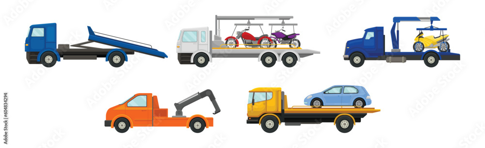 Tow Truck or Wrecker as Lorry Moving Disabled or Improperly Parked Motor Vehicle Vector Set