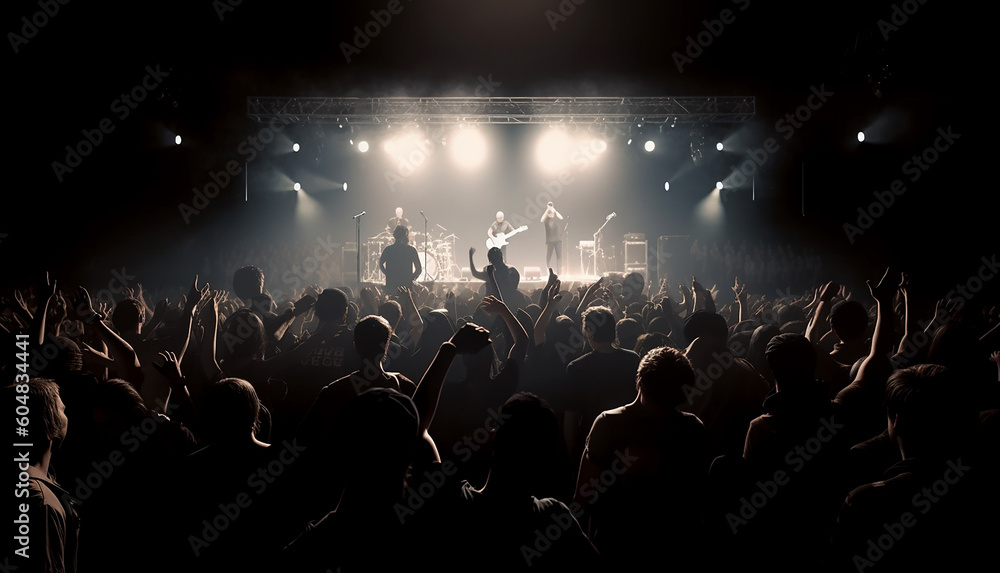 Crowd at rock concert - summer night music festival, monochrome. Generative AI.