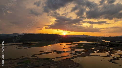 Aerial fly drone hyperlapse sunrise or sunset sky.