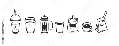 Set of coffee elements, kettle, packaging, mug and cups of coffee to go. Trending vector doodle illustrations and icons for coffee shop and restaurant menu. Hand drawn coffee shop design concept.