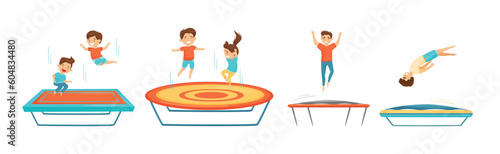 Happy Kids Jumping on Trampoline Bouncing and Having Fun Vector Set