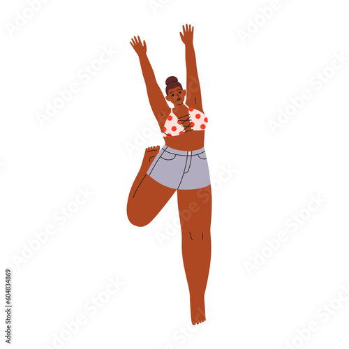 Happy black woman in bikini bra and shorts jumping. Young girl rejoicing summer holiday, beach with joy. African-American female in swimwear. Flat vector illustration isolated on white background