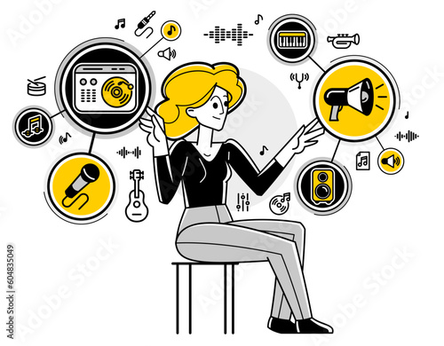 Music producer composing new track vector outline illustration, sound engineer doing his job in recording studio, composer creating audio mix.