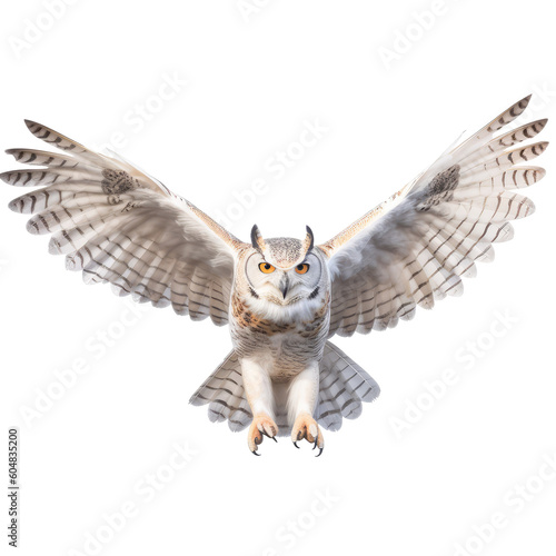 flying great horned owl isolated on white