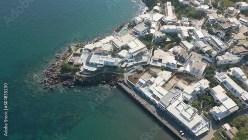 This aerial drone video shows the small island of Panarea, part of the aeolian islands in southern Italy. This archipel is close by Sicily in the mediterranean sea.