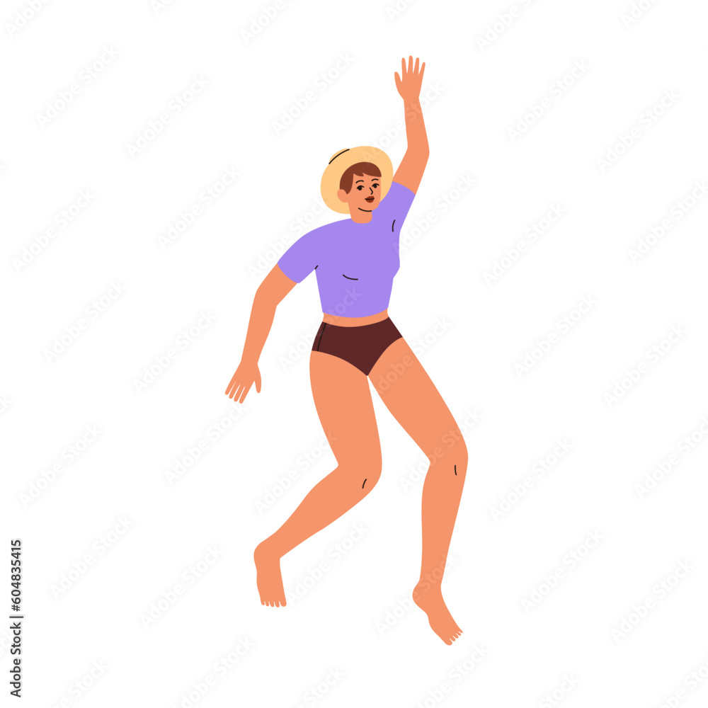 Happy girl jumping up. Young woman in straw hat and swimwear, excited about beach holiday, summer vacation. Positive energetic female. Flat graphic vector illustration isolated on white background