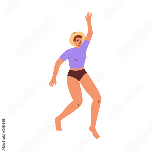 Happy girl jumping up. Young woman in straw hat and swimwear, excited about beach holiday, summer vacation. Positive energetic female. Flat graphic vector illustration isolated on white background