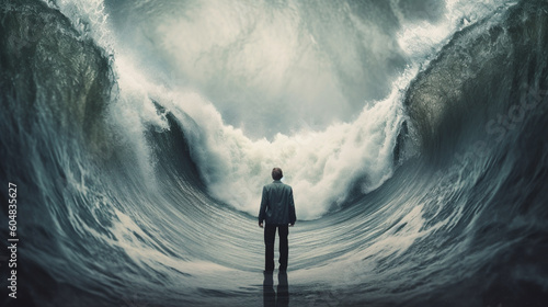 A man standing in front of a wave that has a dark blue circle with a spiral in the middle.