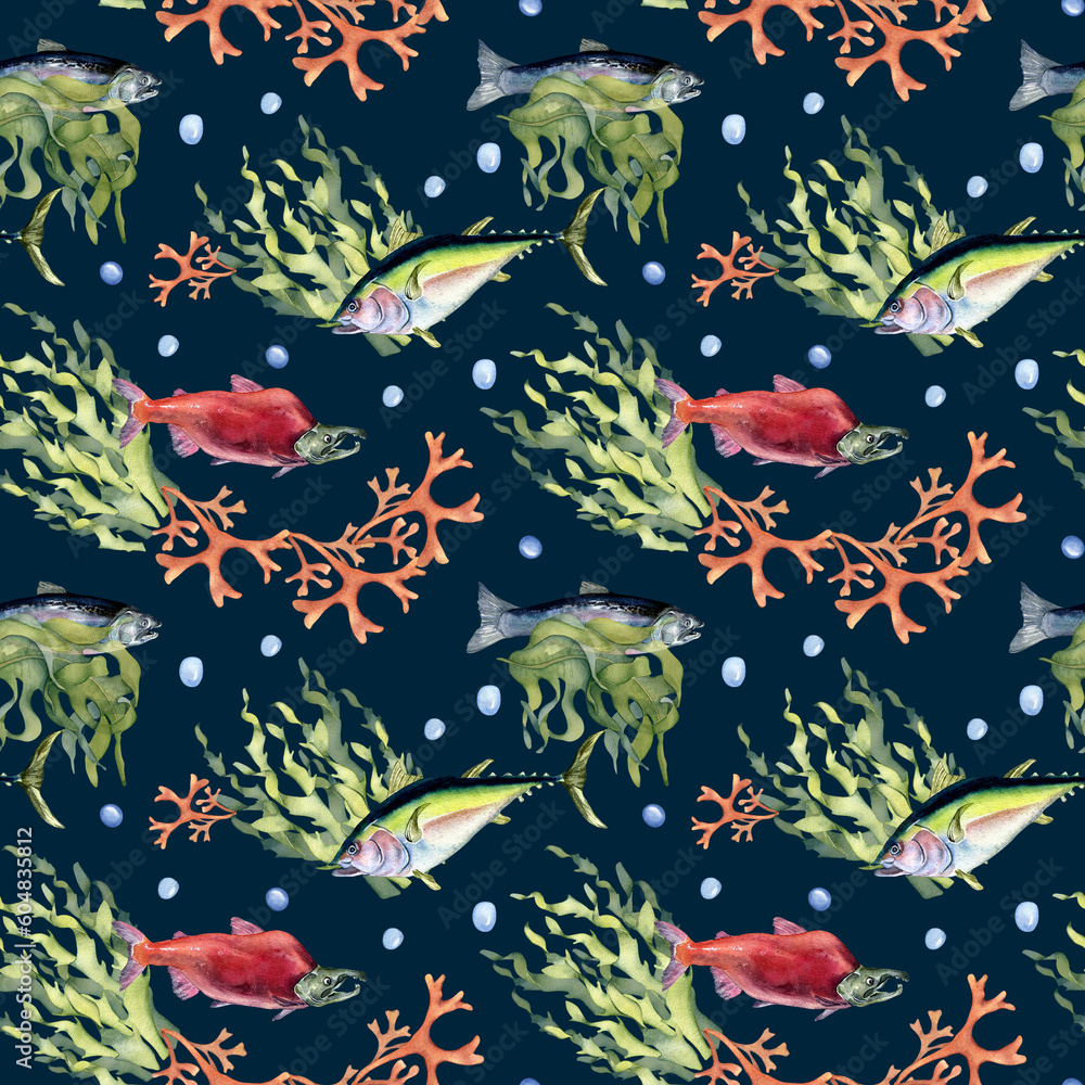 Various wild sea fish seamless pattern watercolor illustration isolated on black. Seaweeds, tuna, salmon, coho, sea plants hand drawn. Design element for textile, packaging, paper, wrapping, banner Various wild sea fish seamless pattern watercolor illustration isolated on black. Seaweeds, tuna, salmon, coho, sea plants hand drawn. Design element for textile, packaging, paper, wrapping, banner