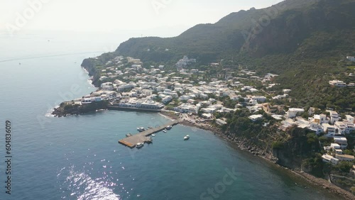 This aerial drone video shows the small island of Panarea, part of the aeolian islands in southern Italy. This archipel is close by Sicily in the mediterranean sea.