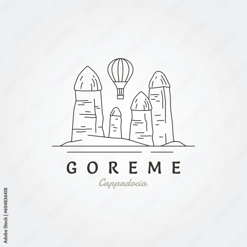 Goreme national park line art logo, cappadocia rock landscape with balloon air logo