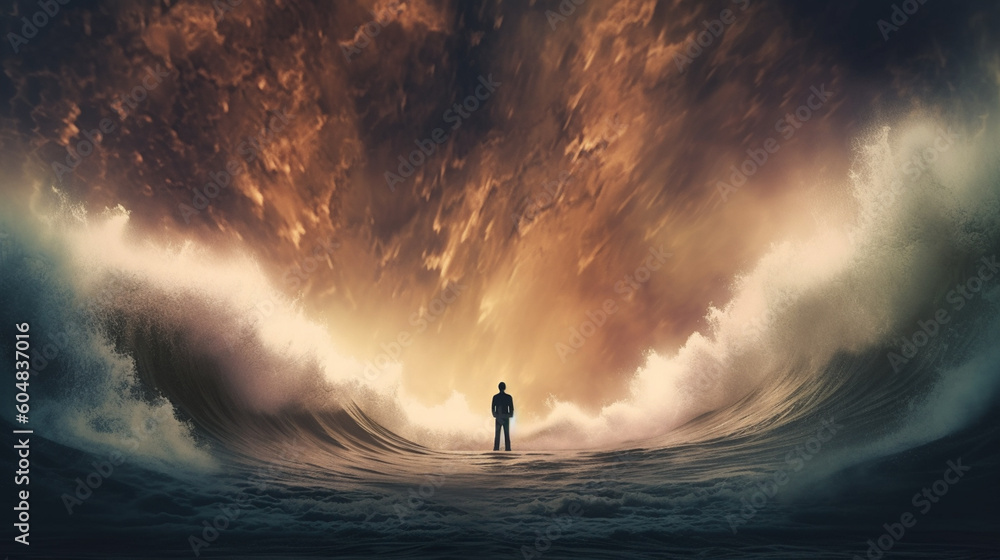 A man standing in front of a wave that has a dark blue circle with a spiral in the middle.