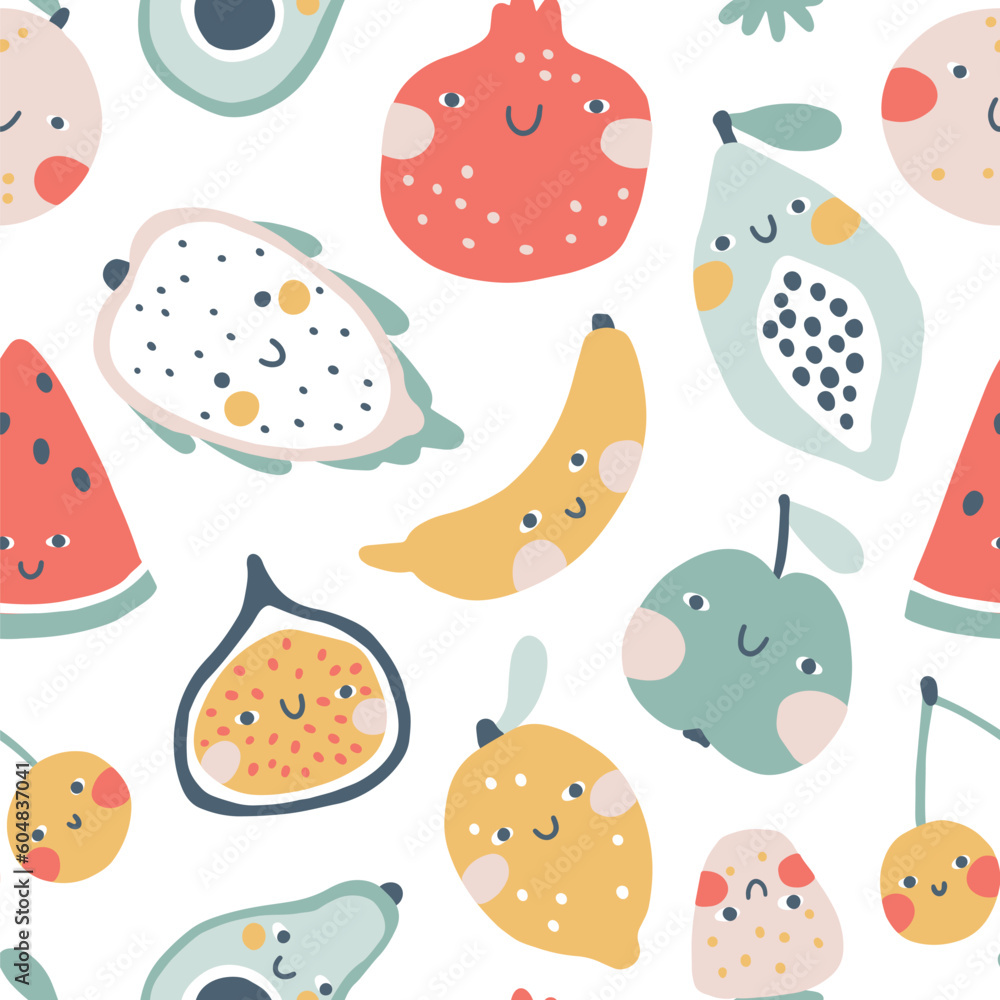 Tropical fruits seamless pattern. Vector cartoon colorful background with cute smiling fruit characters in simple hand-drawn style. Pastel trendy colors on a white background. Ideal for kids.