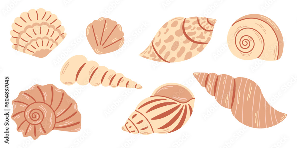 Set of different sea shells in monochrome beige colors isolated on white background. Illustrations in modern flat style. Set of different sea shells in monochrome beige colors isolated on white background. Illustrations in modern flat style.