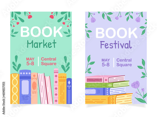 A set of two advertising posters for a literary event in bookstores or libraries. Hand drawn color illustration of books and flowers.