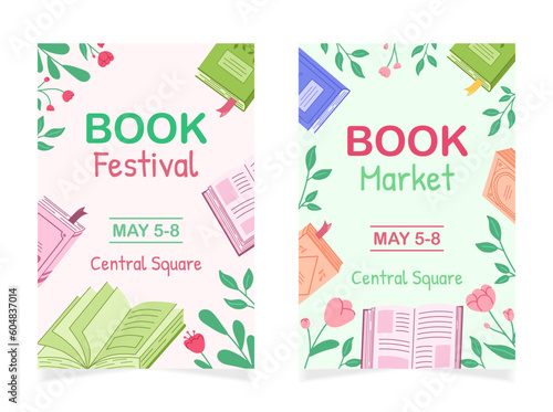 Set of two posters with books to advertise a literary market or festival. Templates with books and flowers for book advertising, bookstore sale. Hand drawn vector illustration.