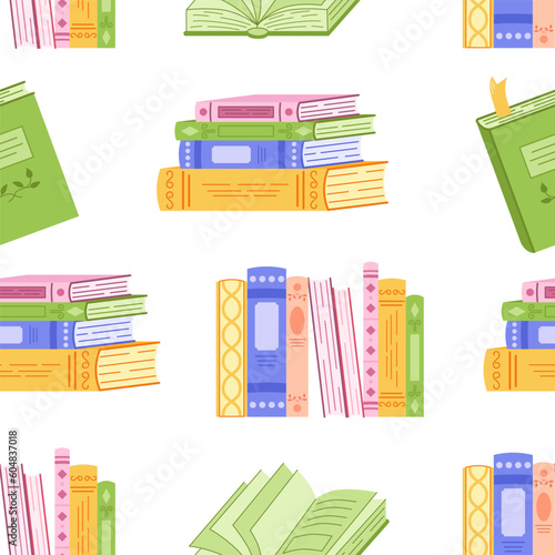 Seamless pattern with stacks of books with colorful covers. Vector seamless hand drawn illustration of books.