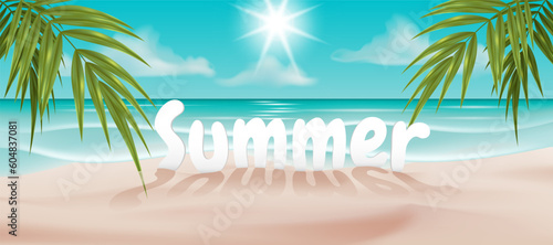 3D vector illustration of a tropical beach with palm trees, blue ocean, and sandy shore. Perfect for summer designs, posters, and flyers for travel and vacation. Realistic and detailed scene waves