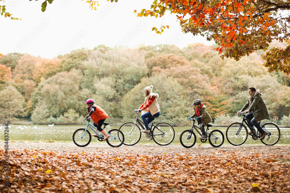Family riding bicycles together in park