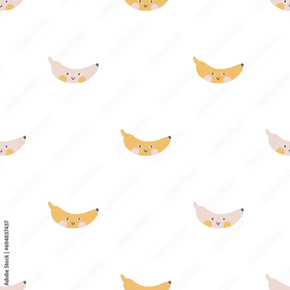 Banana character seamless pattern with smiley face. Hand-drawn cartoon doodle in simple naive style. Vector illustrations in a pastel palette for kids. Isolate cute fruit on a white background.