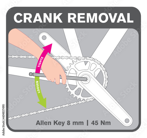 Vector image of instructions for disassembling a wheel crank. Isolated on white background