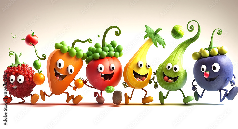 Obraz premium Row of funny fruits and vegetables dancing on white background. Generative AI.