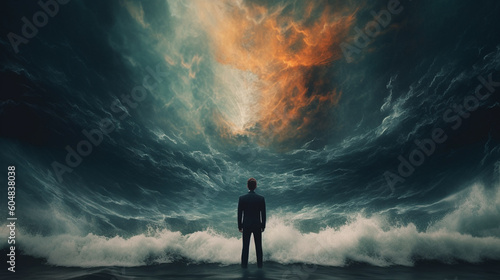 A man standing in front of a wave that has a dark blue circle with a spiral in the middle. © DLC Studio