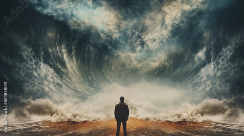 A man standing in front of a wave that has a dark blue circle with a spiral in the middle.