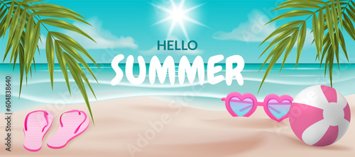 A vector illustration of a beach scene with a toy ball heart shaped sunglasses