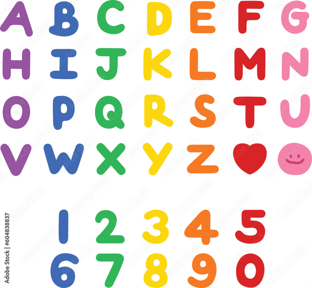 A to Z alphabet letters and numbers in rainbow colour. Vector illustration.