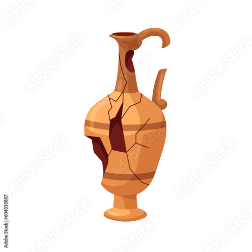 Broken ancient pitcher, Greek pottery. Clay jug, cracked earthenware with fracture, breaches, holes, clefts, crevices. Antique historic crockery. Flat vector illustration isolated on white background