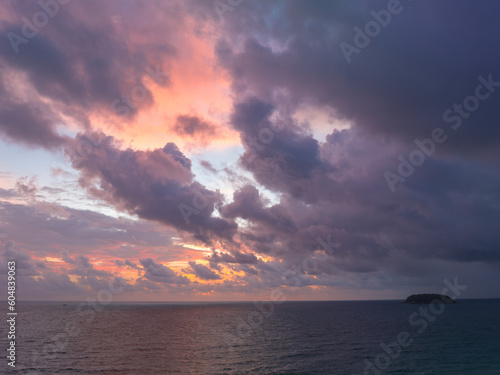 aerial view scene romantic sunset at Kata Noi beach Phuket. .abstract colorful clouds Sky texture in nature background..Sunset with bright colorful light rays and other atmospheric effects..
