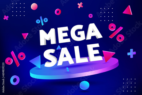 Mega Sale, Modern 3D Vector Illustration of a Neon Cylinder Pedestal Platform Showcase Scene for Business Promotion, Flyer Template, Offers and Sales. Abstract geometry design background
