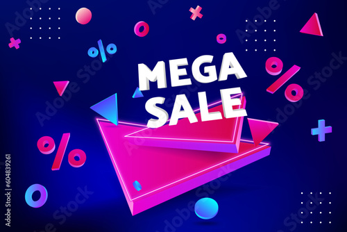 Mega Sale, Modern 3D Vector Illustration of a Neon Triangle Pedestal Platform Showcase Scene for Business Promotion, Flyer Template, Offers and Sales. Abstract geometry design background, percent sign