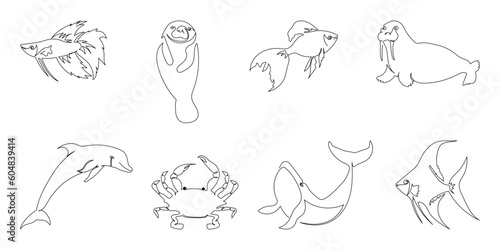 Continuous one line drawing set. Abstract hand drawn whale  crab  dolphin  angelfish  manatee  walrus by one line. Trend vector illustration on white background