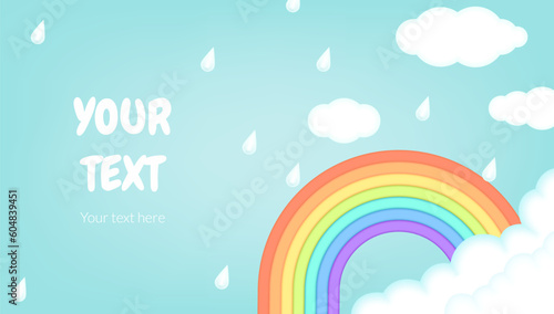 Bright and colorful 3d clay vector illustration of a rainy day with a rainbow, raindrops and clouds. Banner for sales and coupon promotions with copy space.