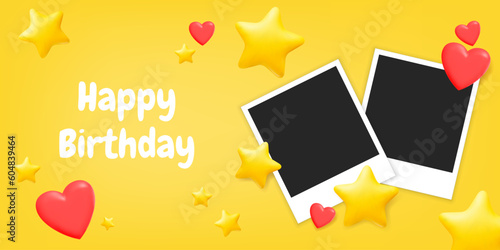 3D vector illustration of a cute polaroid photo frame template with colorful balloons, cartoon 3d stars, and hearts. Perfect for birthday cards, party invitations. Replace the photograph.
