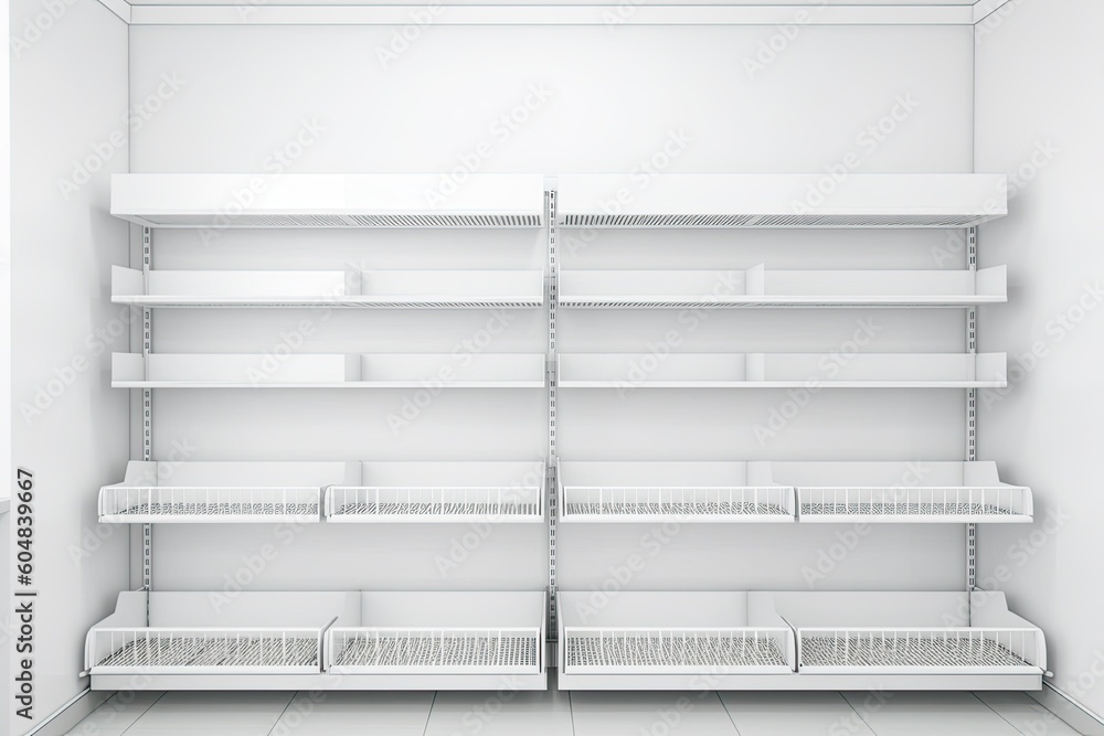 Empty shelving on white background. Retail shelf. Showcase concept. Supermarket product advertisement blank mockup. Generative AI Empty shelving on white background. Retail shelf. Showcase concept. Supermarket product advertisement blank mockup. Generative AI