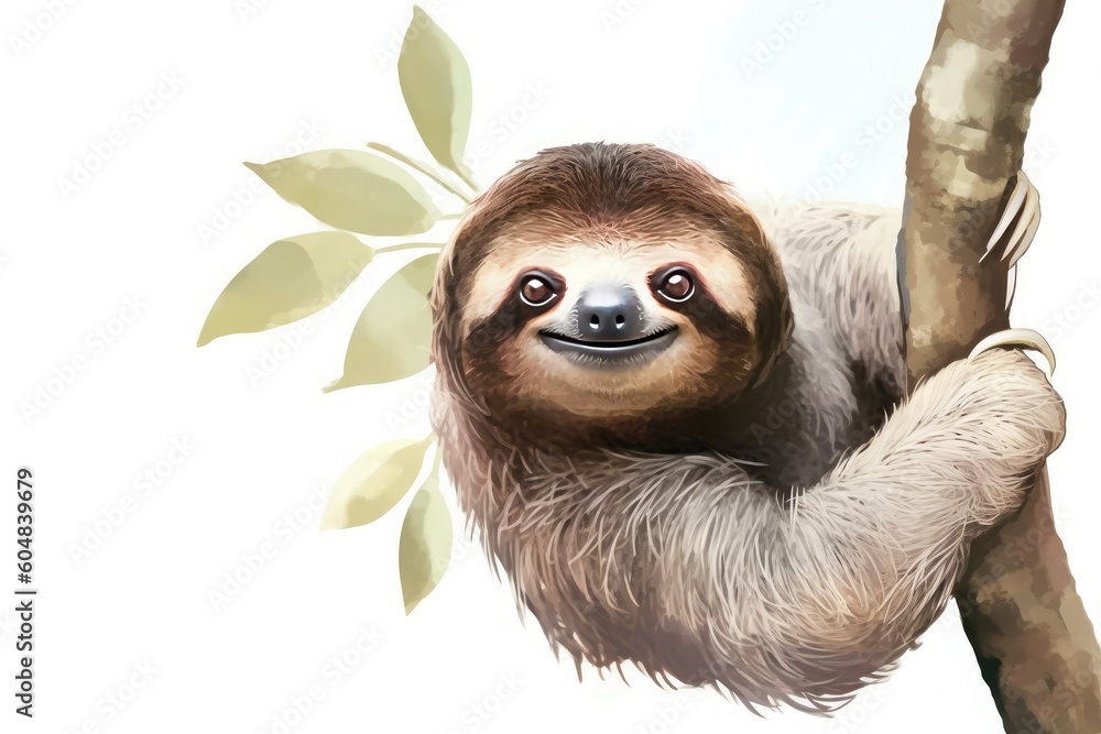 Tropical animal cute sloth holding on to a branch of tree. Watercolor style on a white background. Generative AI