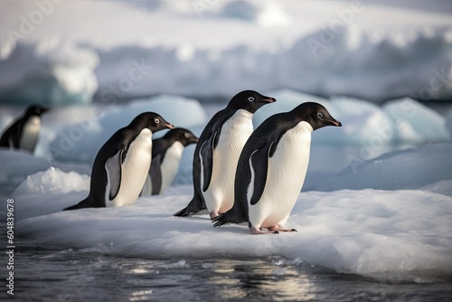 Cute little penguins on an ice floe about to jump into the water. Generative AI
