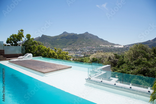 View of luxury swimming pool and mountains