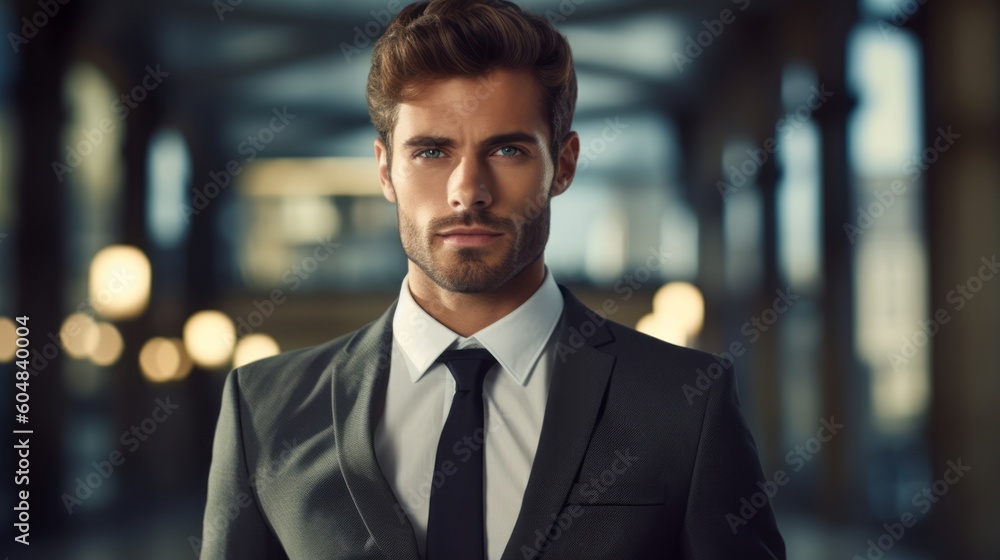 Portrait capturing a businessman professional in a modern office. Generative AI.