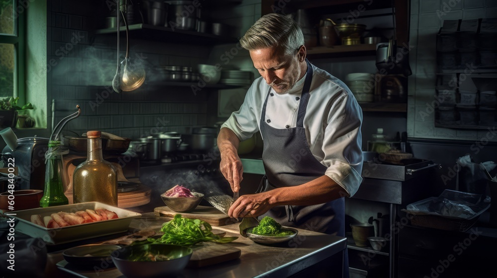 Chef in the kitchen with fresh vegetables. Generative AI. Chef in the kitchen with fresh vegetables. Generative AI.
