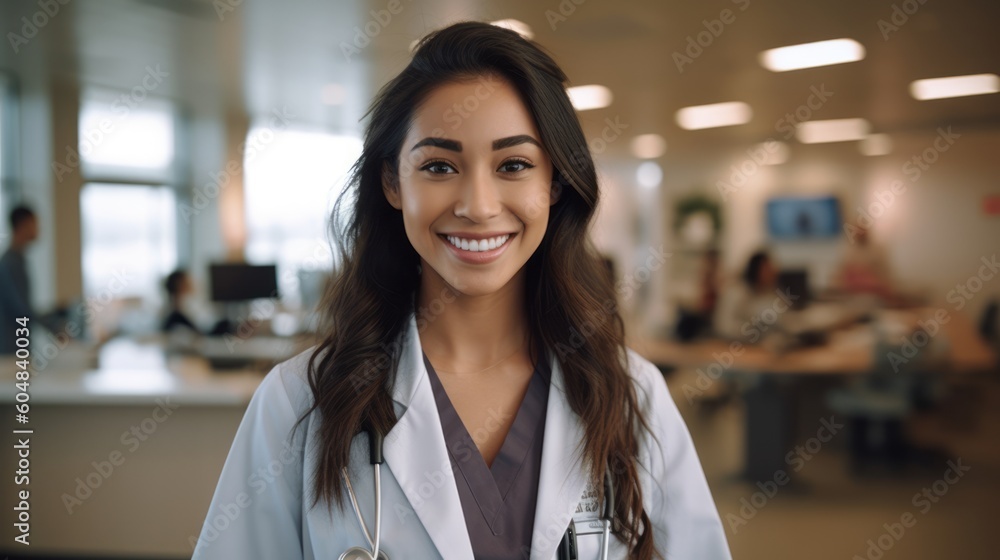 Portrait of Doctor Woman With Stethoscope In Hospital. Generative AI. Portrait of Doctor Woman With Stethoscope In Hospital. Generative AI.